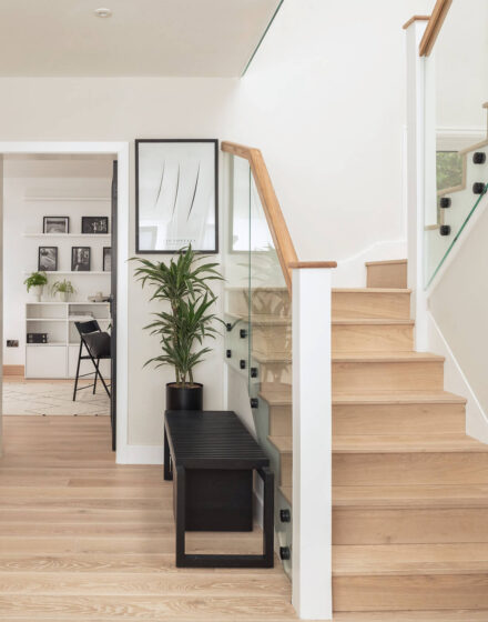 Impressive Interior from Britain: Hardwood Flooring in the Bathroom, Various Floor Patterns, and Oak Stairs