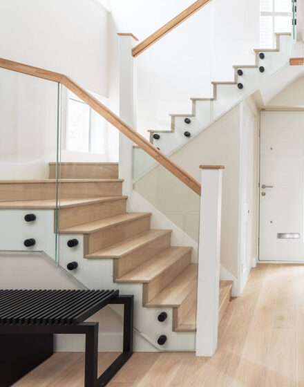 Impressive Interior from Britain: Hardwood Flooring in the Bathroom, Various Floor Patterns, and Oak Stairs