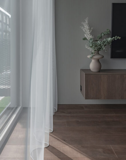 Minimalist Interior Featuring Hardwood Flooring in Cacao Shade